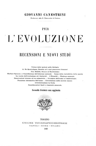 Giovanni Canestrini - Per l'evoluzione. Recensioni e nuovi studi - Torino, Utet 1897