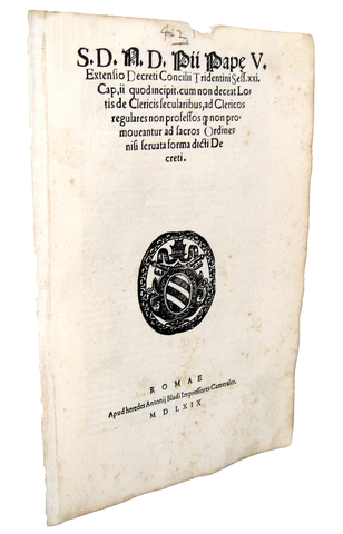 Bolla di Pio V che disciplina la vita ecclesiastica dei chierici - Roma, Blado 1569