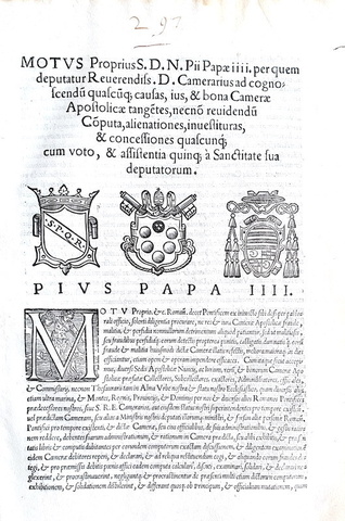 Moto proprio di Pio IV sulla Reverenda Camera Apostolica - Roma, Blado 1565