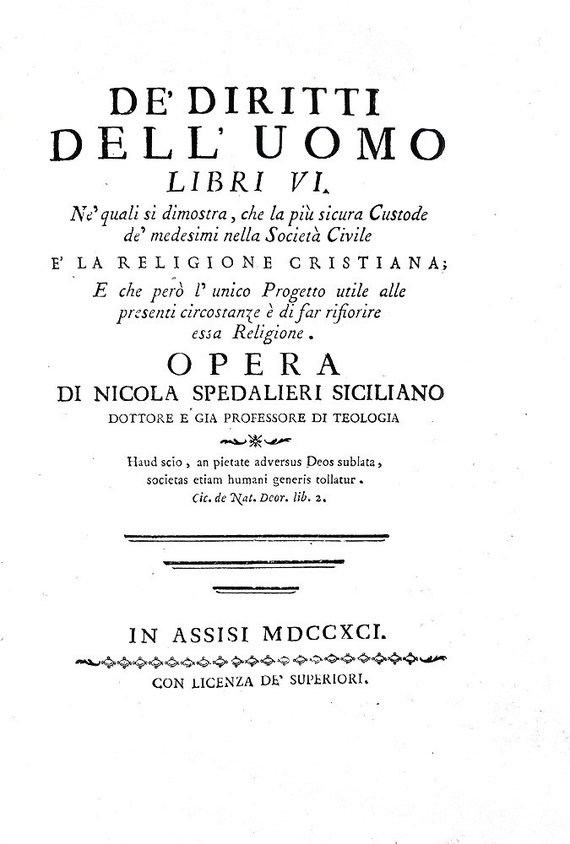 Illuminismo e Rivoluzione francese: Nicola Spedalieri - Dei diritti dell'uomo 1791 (prima edizione)