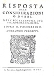 Orlando Pescetti - Difesa del Pastor fido tragicommedia - Verona 1601 (rara prima edizione)