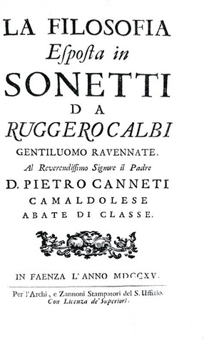 Enciclopedismo: Ruggero Calbi - La filosofia esposta in sonetti - Faenza 1715 (prima edizione)