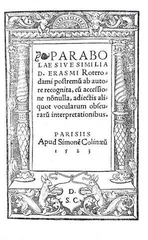 Erasmo da Rotterdam - Parabolae sive Similia - Paris 1523 (rarissima terza edizione, legatura coeva)