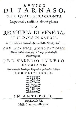 Castellani - Avviso di Parnaso a Venezia e Savoia contro la Spagna - Antibes 1621 (3 prime edizioni)