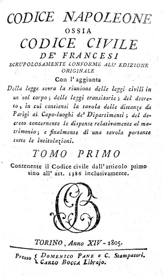 Codice Napoleone ossia Codice civile de' francesi - Torino 1805 (rarissima prima edizione italiana)