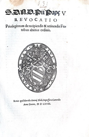 Bolla di Pio V che disciplina la revoca di privilegi e immunit ecclesiatiche - Roma, Blado 1568