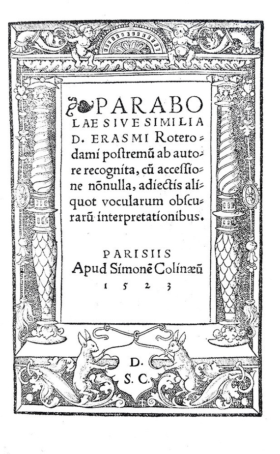 Erasmo da Rotterdam - Parabolae sive Similia - Paris 1523 (rarissima terza edizione, legatura coeva)