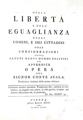 Ayala - Della libert e della eguaglianza degli uomini - 1793 (rara prima traduzione italiana)