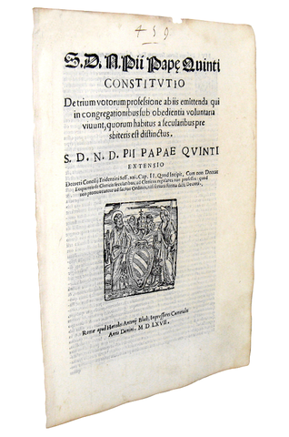 Bolla di Pio V che disciplina il voto di obbedienza negli ordini secolari - Roma, Blado 1567