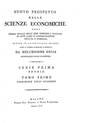 Melchiorre Gioja - Nuovo prospetto delle scienze economiche - Milano 1815 (rara prima edizione)