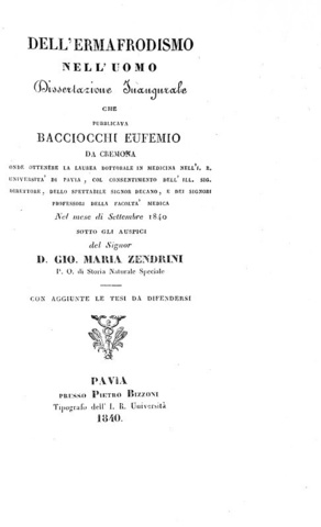 Eufemio Bacciocchi - Dell'Ermafrodismo nell'uomo - Pavia 1840 (introvabile prima e unica edizione)