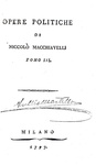 Niccol Machiavelli - Opere politiche (Discorsi sopra Tito Livio e il Principe) - Milano 1797