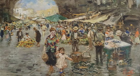 Vincenzo Irolli - Mercato a Napoli - inizi del XX secolo (olio su tavola lignea)