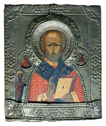 Icona bielorussa: San Nicola benedicente con Bibbia - met del XIX secolo (riza metallica)