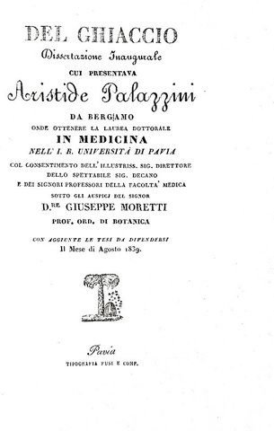 Aristide Palazzini - Del ghiaccio. Dissertazione - Pavia 1839 (rarissima prima e unica edizione)