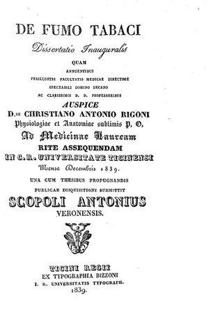 Antonio Scopoli - De fumo tabaci. Dissertatio inauguralis - Pavia 1839 (rara prima e unica edizione)