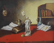 Mormayer -Natura morta metafisica con libri - primi decenni del Novecento (olio su lastra di rame)