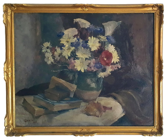 Paul Garin - Libri con vaso di fiori. Composizione - 1941 (olio su tavola)