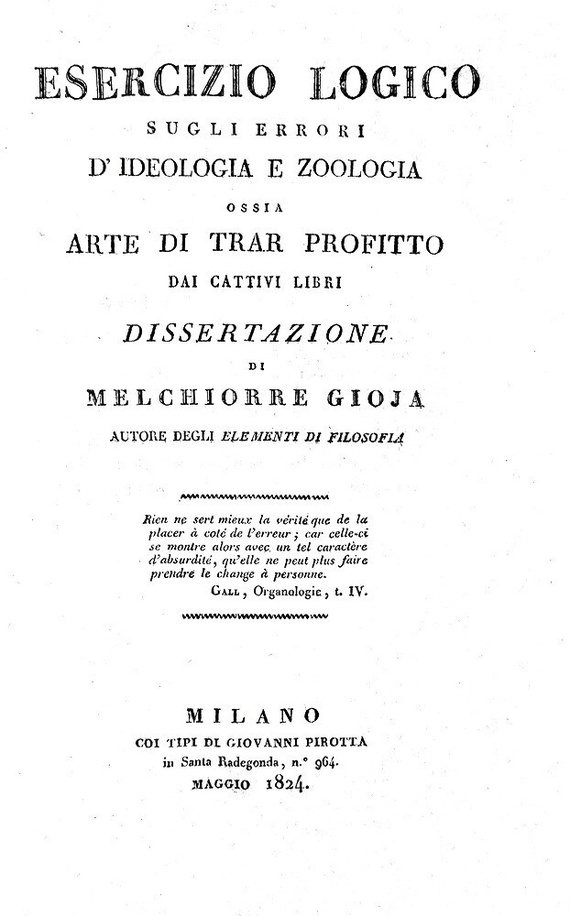 Melchiorre Gioja - Esercizio logico sugli errori d'ideologia e zoologia - 1824 (rara prima edizione)