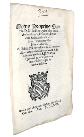 Moto proprio di Pio V che disciplina la residenza dei vescovi - Roma, Blado 1566