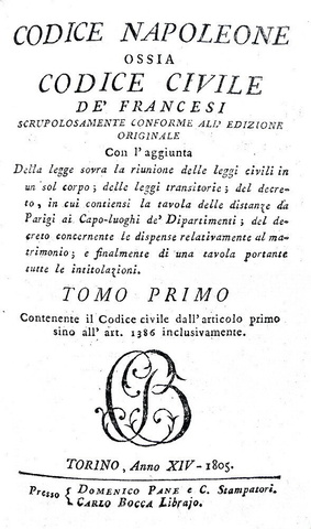 Codice Napoleone ossia Codice civile de' francesi - Torino 1805 (rara prima traduzione italiana)