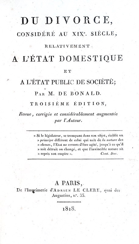 Storia del divorzio: Louis Gabriel Bonald - Du divorce considr au XIX siecle - 1818