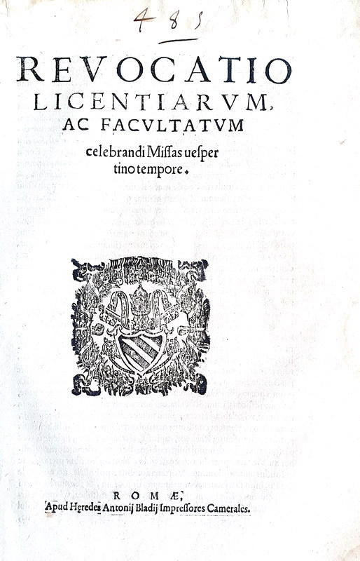 Bolla di Pio V che disciplina la messa durante i Vespri - Roma, Blado 1567