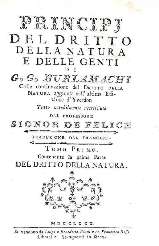 Diritto naturale nel Settecento: Burlamaqui - Principj del dritto della natura e delle genti - 1780