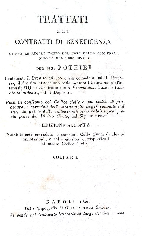 Gioco d'azzardo, contratti e usura: Pothier - Trattati dei contratti di beneficenza - Napoli 1820