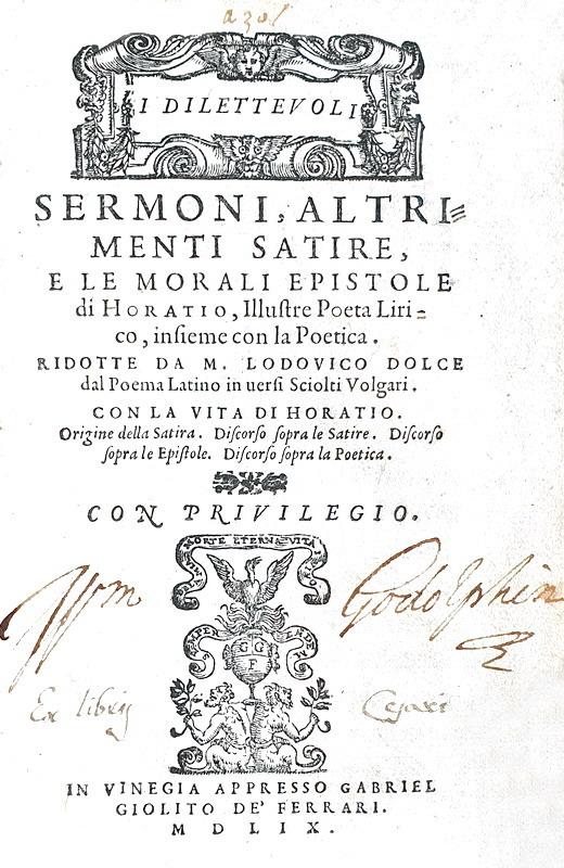 Orazio - Satire, Epistole e Poetica tradotte da Lodovico Dolce - Giolito 1559 (prima edizione)