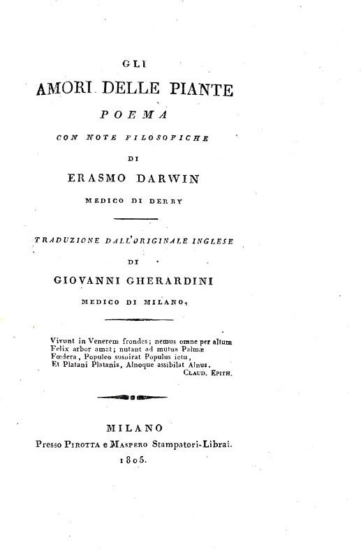 Erasmus Darwin - Gli amori delle piante - 1805 (prima edizione italiana - parzialmente intonso)