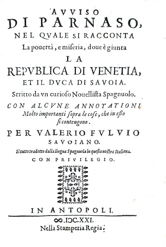 Castellani - Avviso di Parnaso a Venezia e Savoia contro la Spagna - Antibes 1621 (3 prime edizioni)