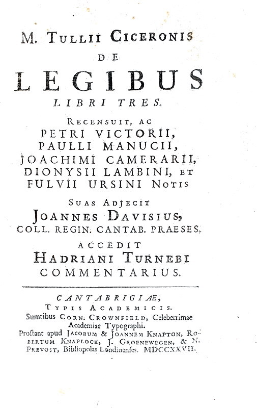 Cicerone -  De legibus libri tres - Cambridge 1727 (bellissima legatura coeva)