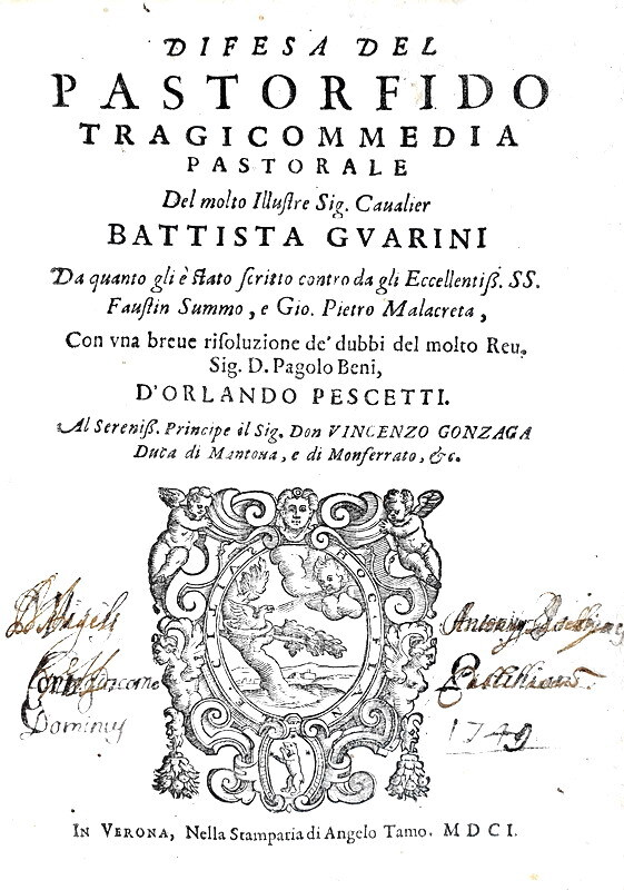 Orlando Pescetti - Difesa del Pastor fido tragicommedia - Verona 1601 (rara prima edizione)