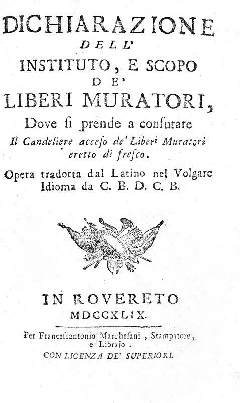 Storia della massoneria: Dichiarazione dell'instituto de' Liberi Muratori - 1749 (prima edizione)