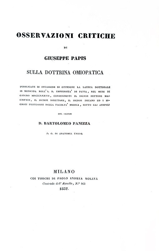 Giuseppe Papis - Osservazioni critiche sulla dottrina omiopatica - 1837 (rarissima prima edizione)