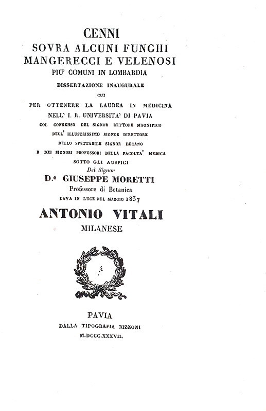 Antonio VItali - Cenni sovra alcuni funghi mangerecci e velenosi in Lombardia 1837 (prima edizione)