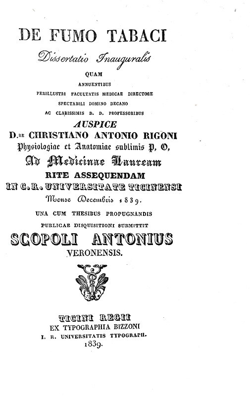 Antonio Scopoli - De fumo tabaci. Dissertatio inauguralis - Pavia 1839 (rara prima e unica edizione)