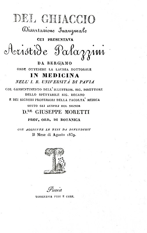 Aristide Palazzini - Del ghiaccio. Dissertazione - Pavia 1839 (rarissima prima e unica edizione)